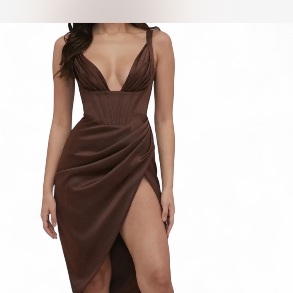 House of CB Chocolate Brown Satin Plunge High-Slit Midi Dress